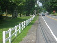 Tree-lined road with white fence along a sidewalk on a sunny day