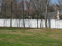 Leafless trees in a grassy yard beside a white fence and a house in the background