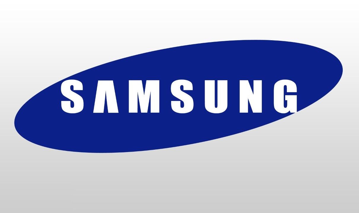 Logotipo de Samsung en blanco sobre un fondo ovalado azul.