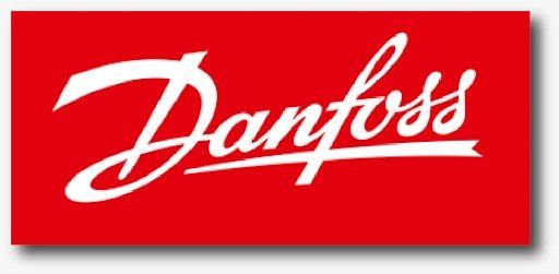 Logotipo de Danfoss en letras blancas sobre un fondo rectangular rojo.