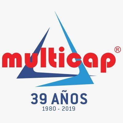 Logotipo Multicap con gráfico azul y texto de aniversario “39 AÑOS 1980-2019”