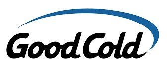 Logotipo de GoodCold en letra cursiva negra con una franja azul en la parte superior sobre un fondo blanco.