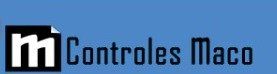 Logotipo de Controles Maco con una “m” blanca estilizada sobre un cuadrado negro y texto azul sobre un fondo azul.