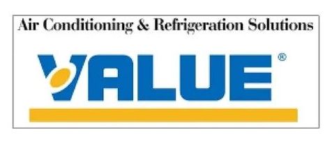 Logotipo de VALUE con el texto “Soluciones de aire acondicionado y refrigeración” en azul y dorado.