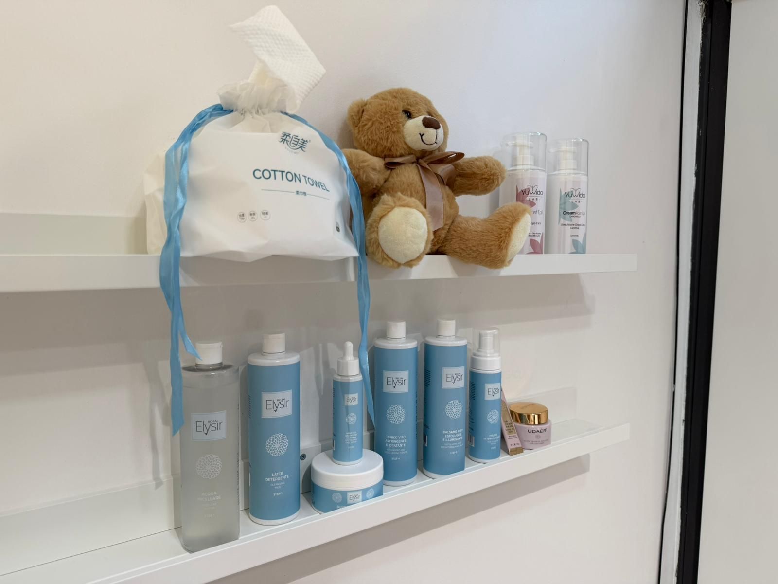 Mensola da bagno bianca con articoli da toeletta blu, un orsacchiotto e una scatola di fazzoletti.