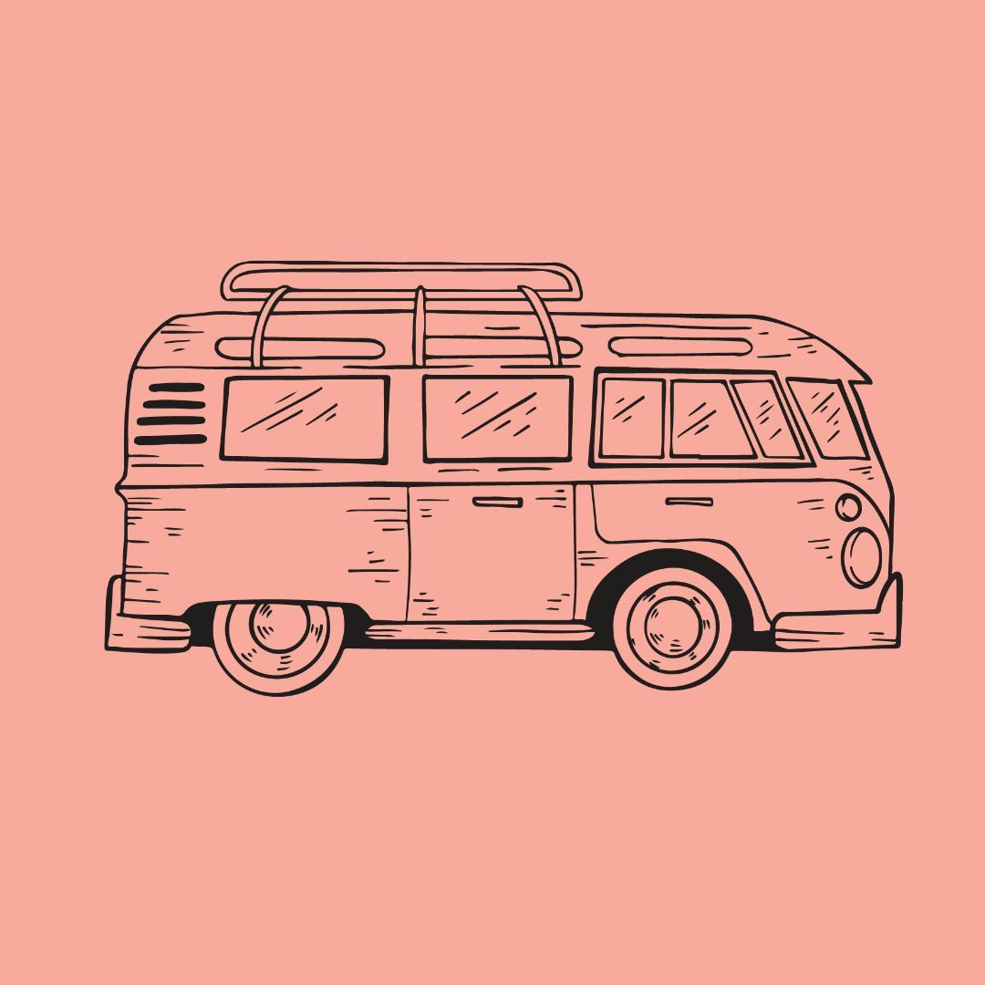 Umriss eines Oldtimer-Wohnmobils mit Dachgepäckträger vor korallenfarbenem Hintergrund.