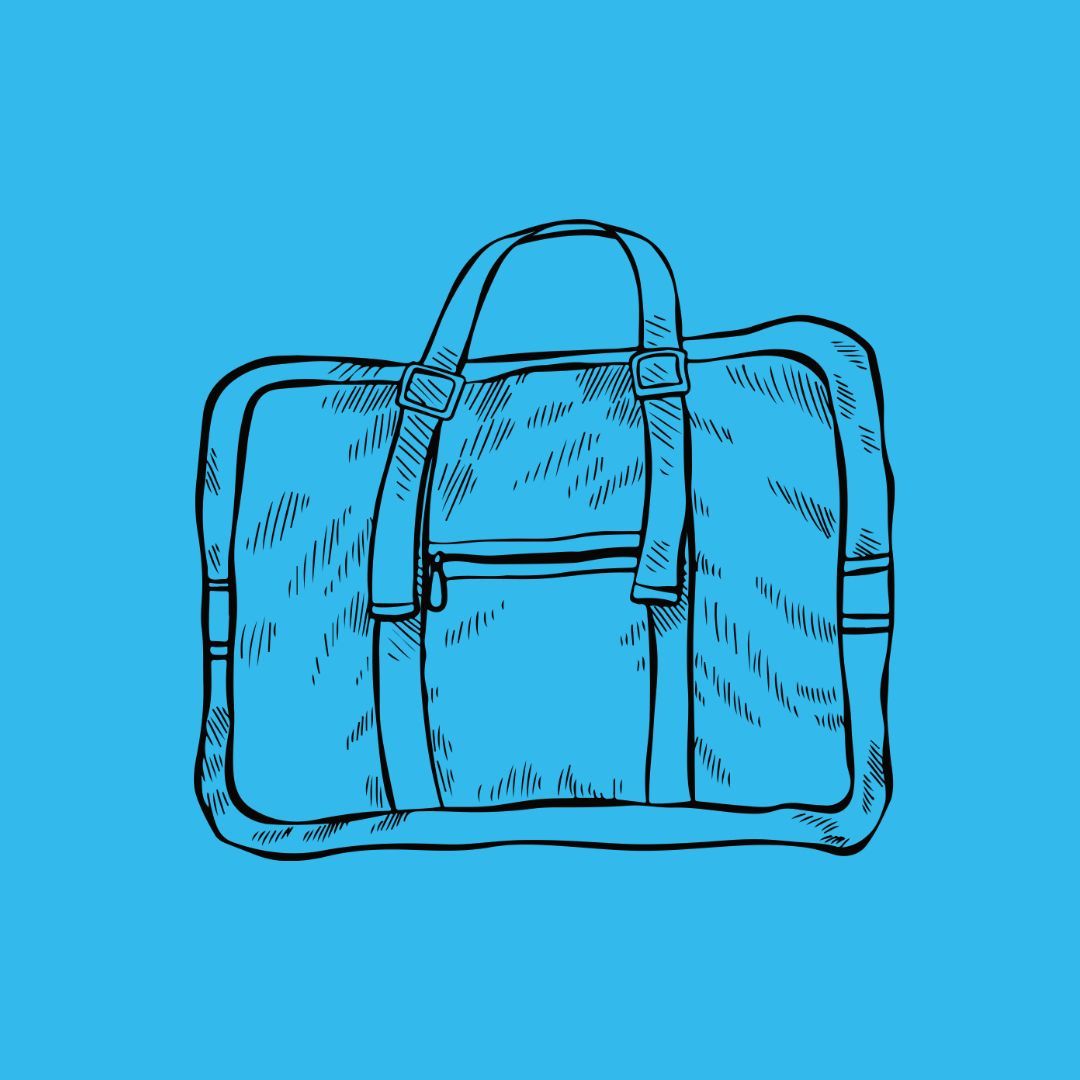Blaue Reisetasche mit schwarzer Umrandung und Griffen, zentriert auf blauem Hintergrund.