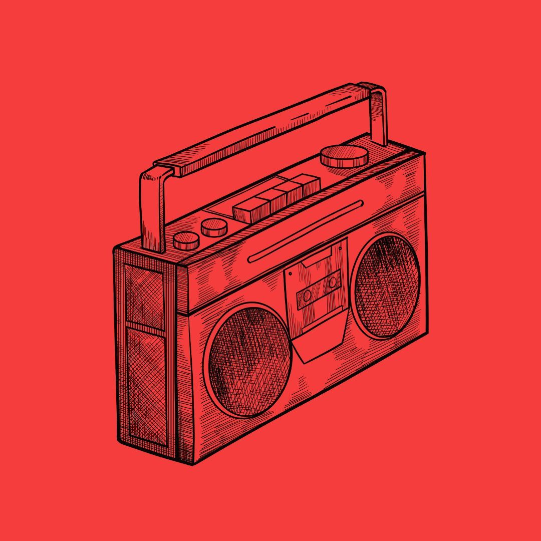 Rote Grafik einer Boombox mit Griff, Lautsprechern und Knöpfen.