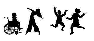 Silhouetten von tanzenden Menschen; einer davon im Rollstuhl.