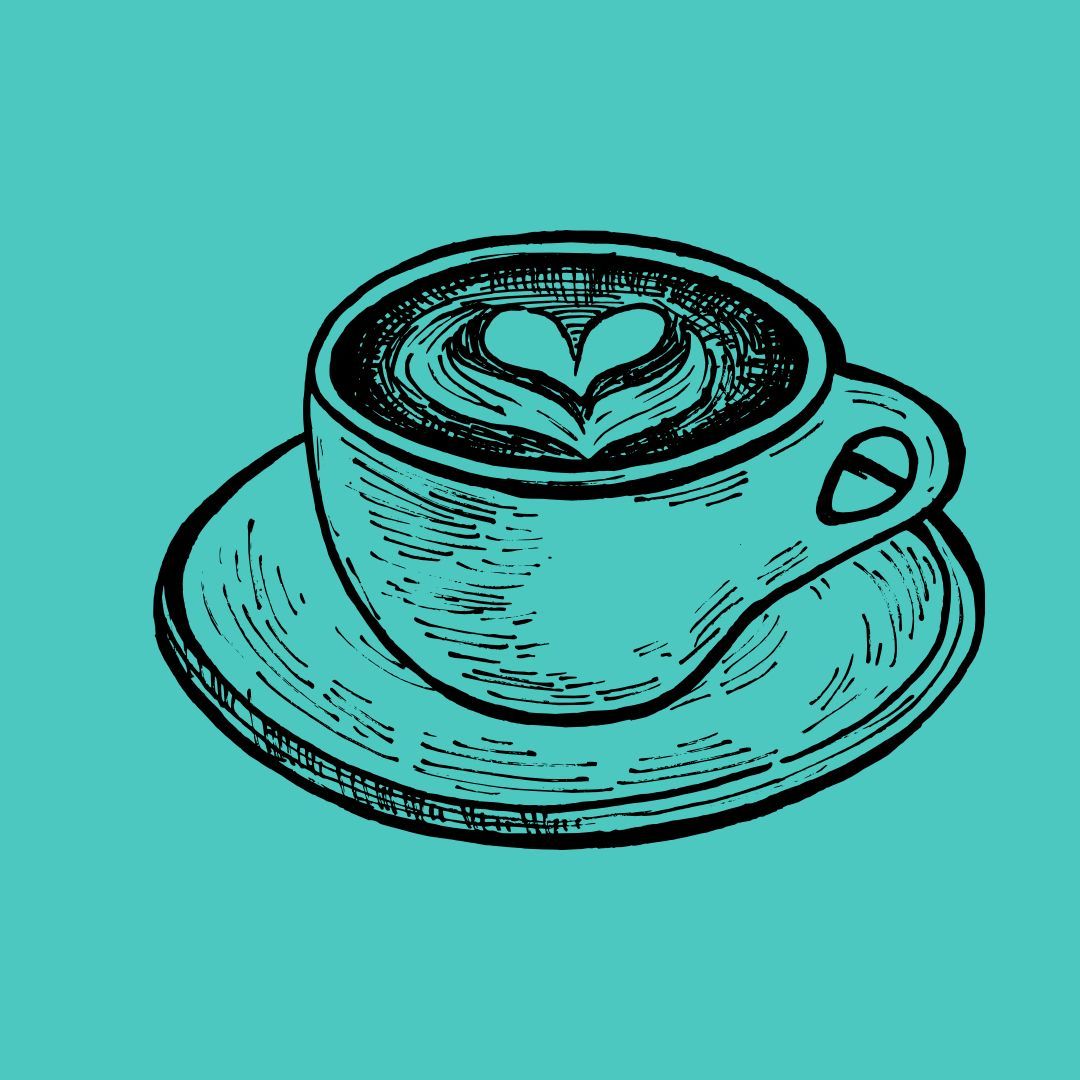 Kaffeetasse mit Latte-Art-Herz auf türkisfarbenem Hintergrund.