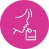 Person drinking from a glass, a drop of liquid falling into the glass, pink circle background.
