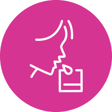Person drinking from a glass, a drop falling. Pink circle background.
