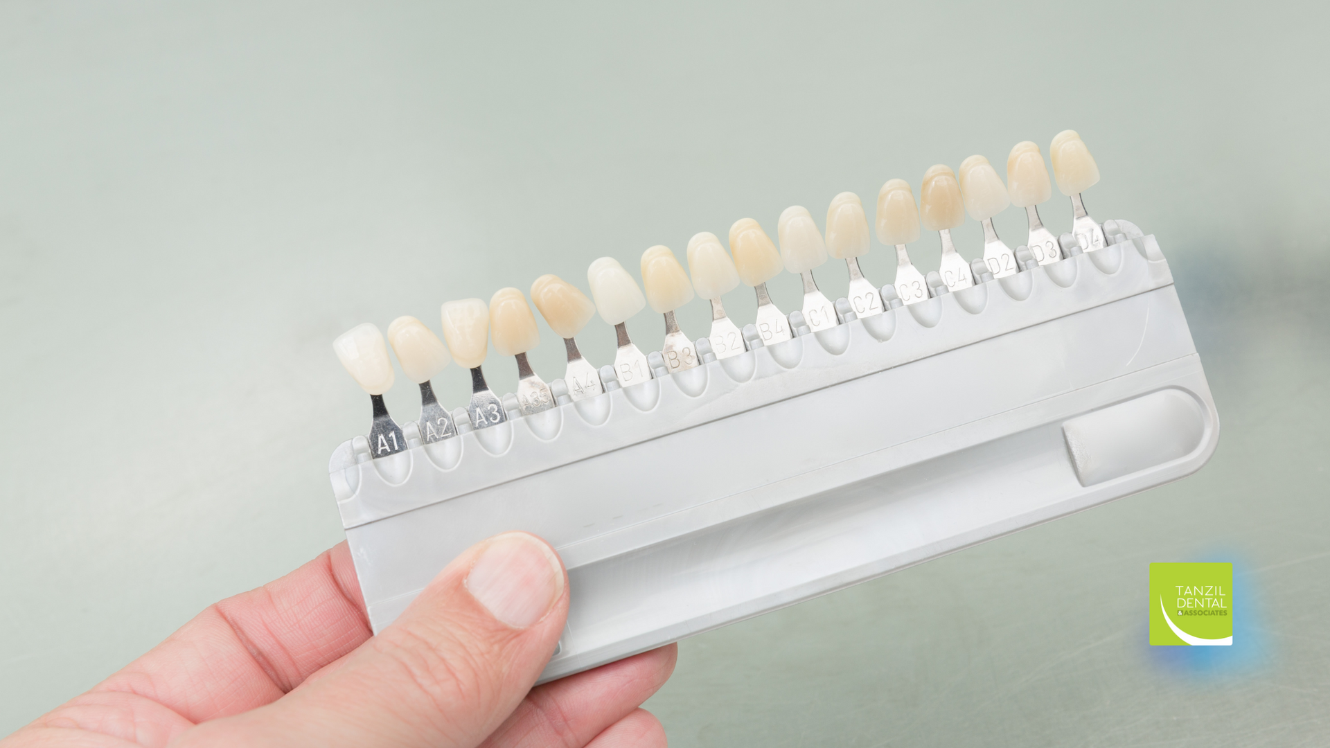Hand holding a dental shade guide with multiple tooth-shaped samples in varying shades of white.
