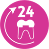Pink circle with a tooth and the number 24 inside, surrounded by a curved arrow.