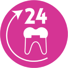Pink circle with a tooth symbol, the number 24, and a circling arrow, indicating 24-hour dental service.