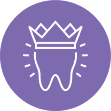 White outline of a tooth wearing a crown, on a purple circle.