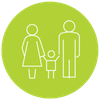 Family icon: Woman, man, and child standing together, hands held. Green circle.