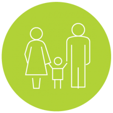 Family icon: Woman, man, and child, standing together.
