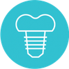 White line drawing of a dental implant with crown in a turquoise circle.