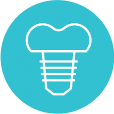White outline of a dental implant, crown, and screw on a blue circle.