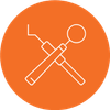 Dental tools crossed on an orange circle.