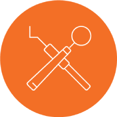 White outline of dental tools crossed on an orange circle background.