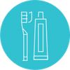 Toothbrush and toothpaste, outlined in white, on a blue circle.