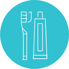 Toothbrush and toothpaste, outlined in white, on a blue circle background.