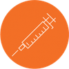 Syringe outline in white on an orange circle.
