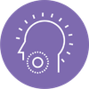 Outline of a head with radiating lines, and a circle with dots, in a purple circle.