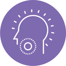 White outline of a head with light rays, a sore throat graphic, purple circle background.