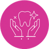 Hands cupping a shining tooth, with star and cross accents, in a pink circle.