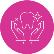Hands cupping a clean tooth, sparkling against a bright pink circle background.