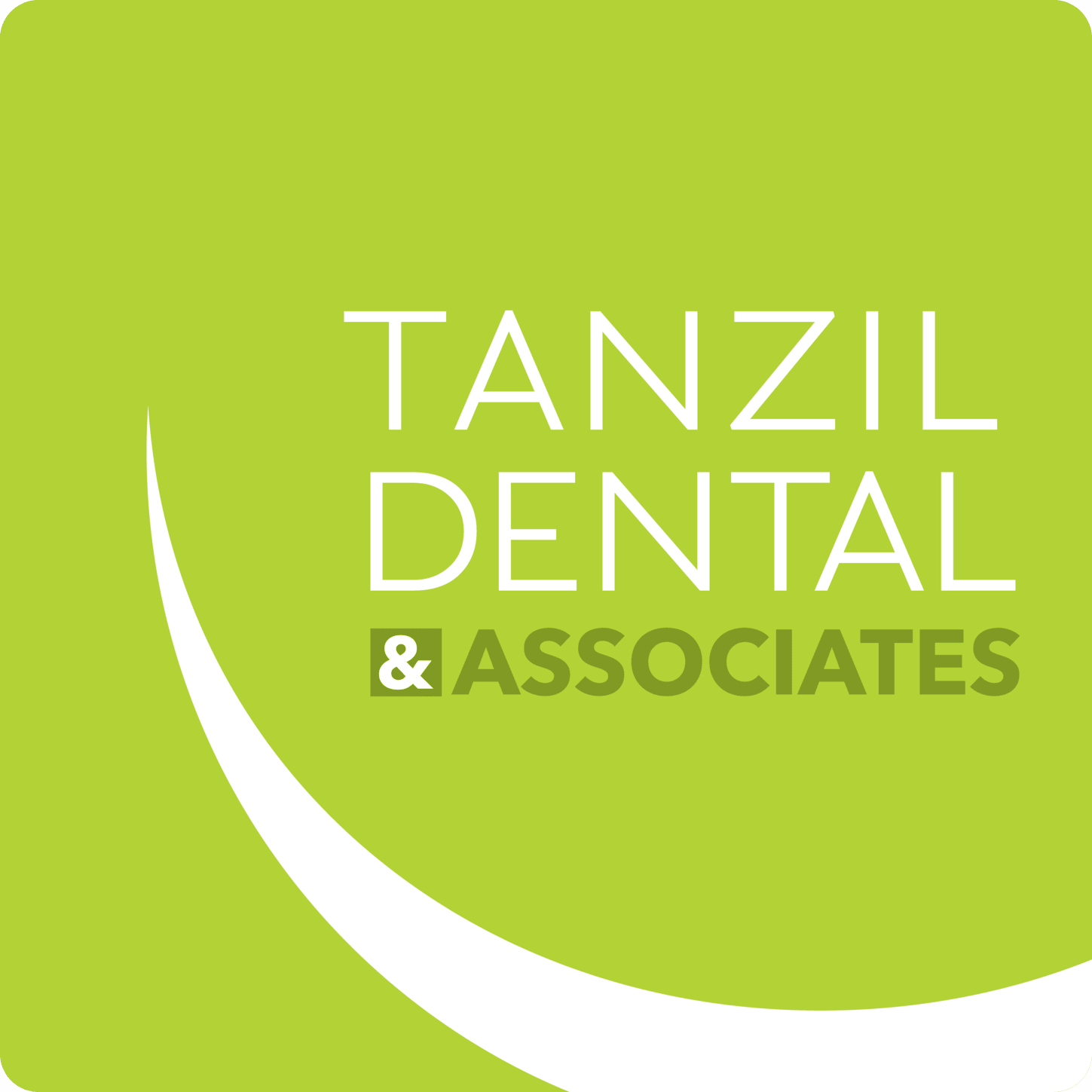 Tanzil Dental & Associates logo: White text on green background with a curved white line.