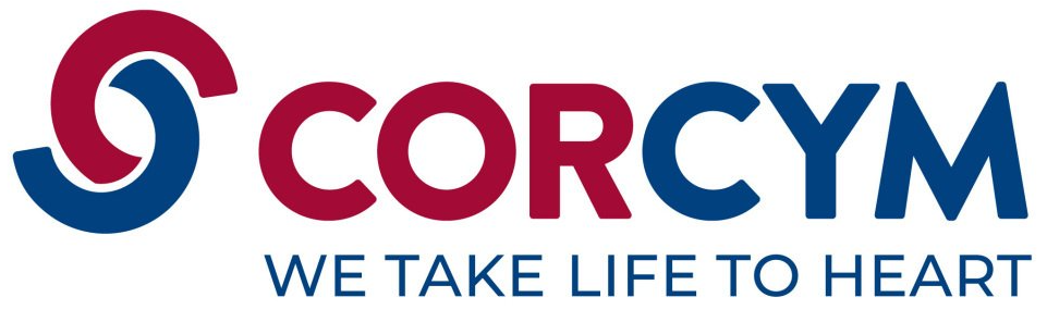 CorCym logo in red and blue with the tagline “We take life to heart”