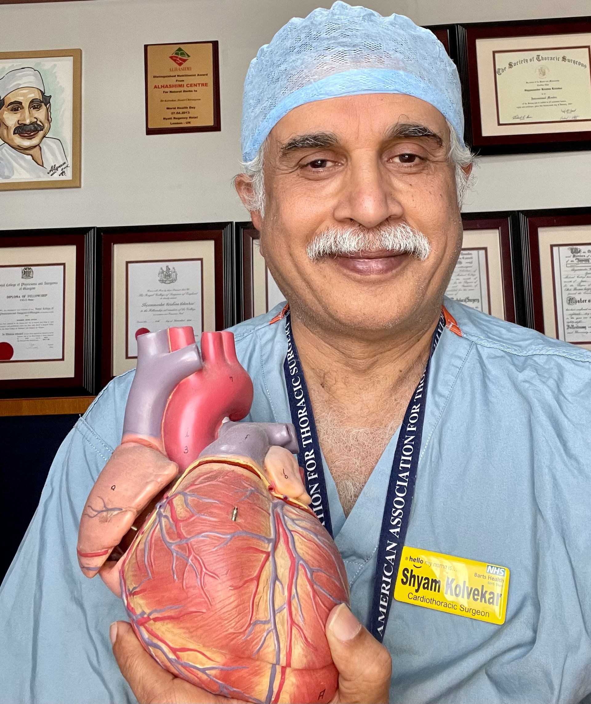 Doctor in blue scrubs holding a detailed anatomical heart model in a clinic office