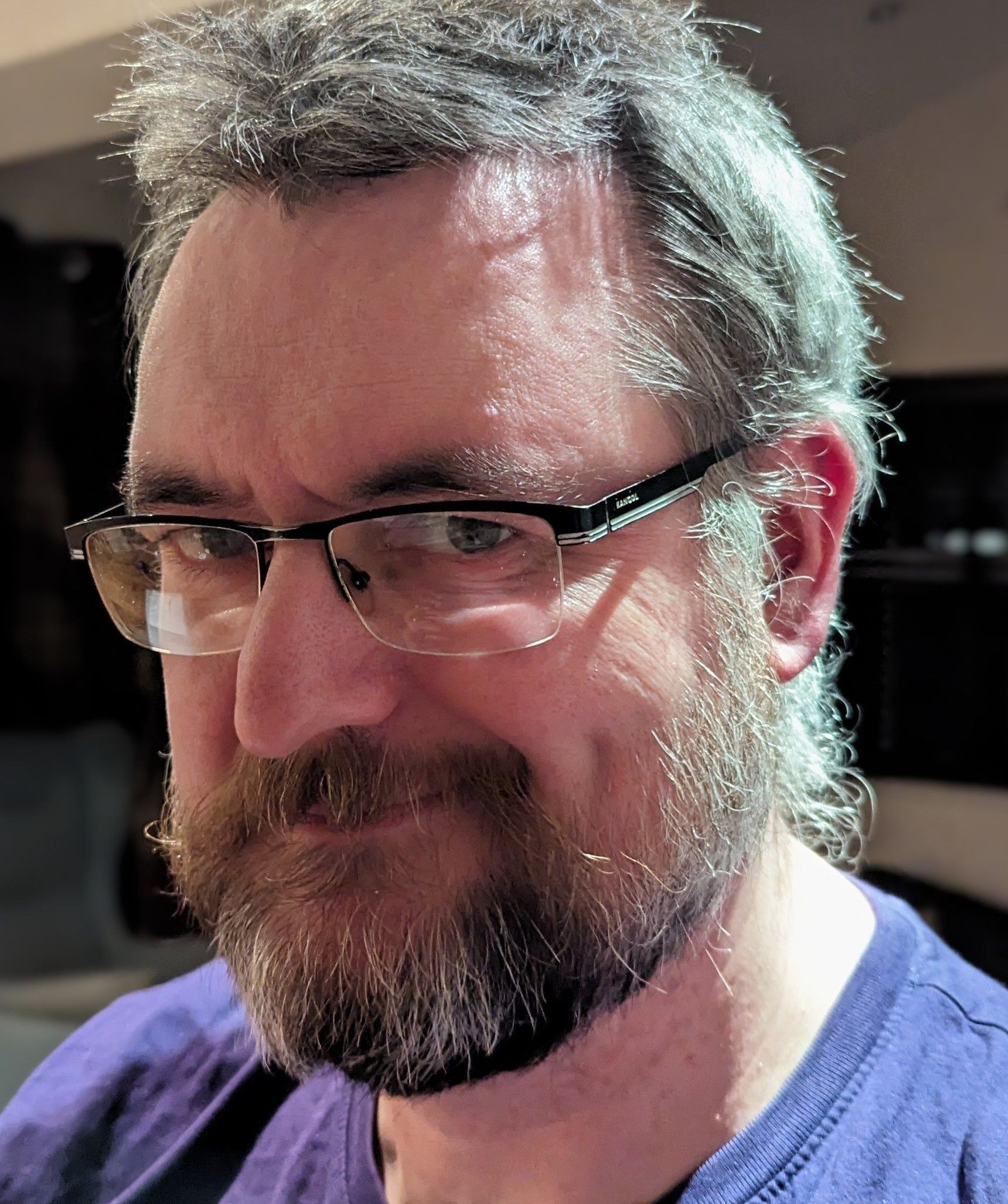 Man wearing glasses and a purple shirt, smiling slightly indoors.