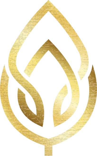 Gold leaf logo with two stylized leaf outlines on a white background