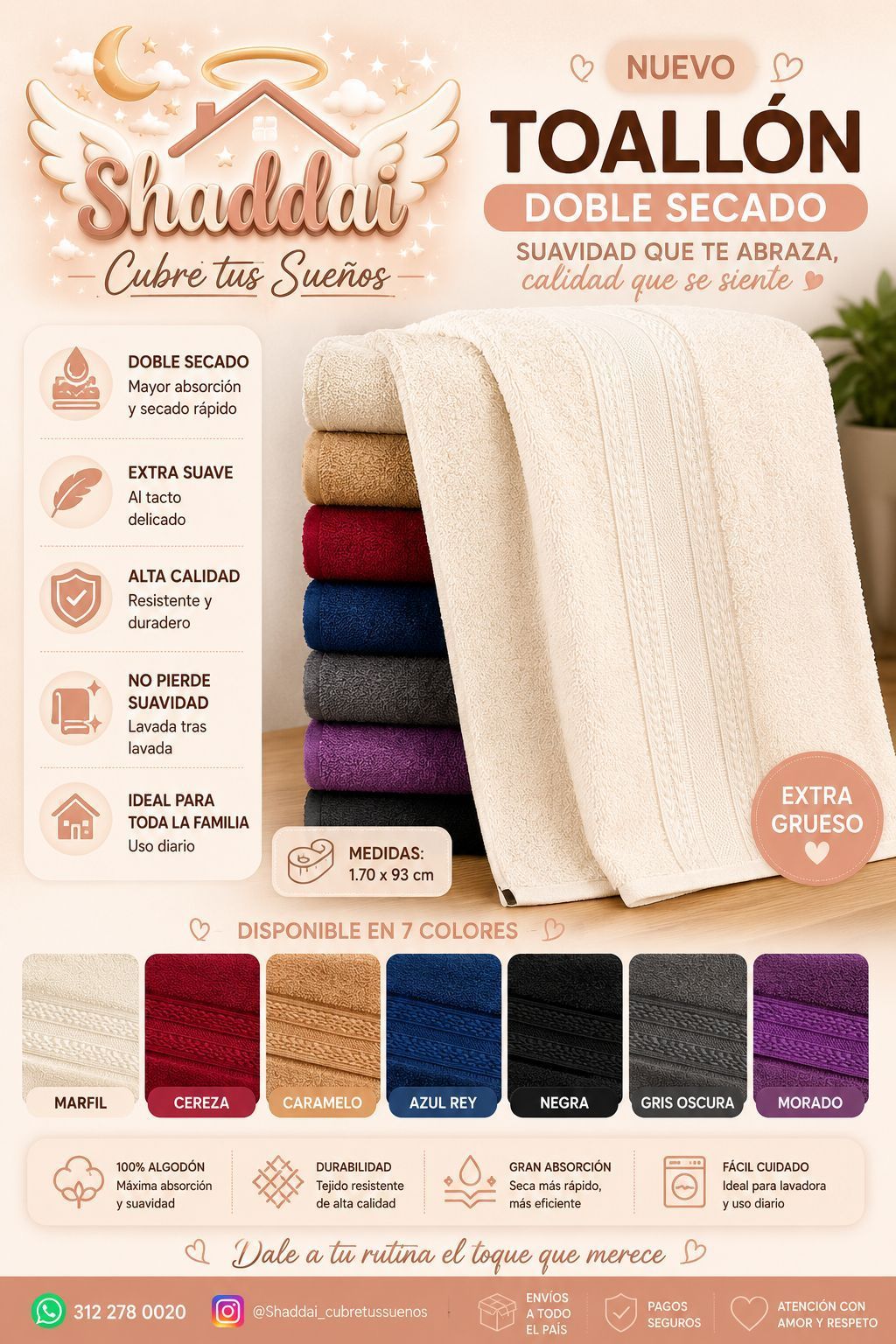 Cartel promocional de toallas de doble secado en color beige con una paleta de colores y detalles del producto.