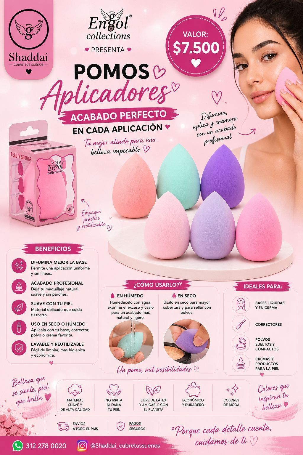 Cartel promocional de esponjas y aplicadores de maquillaje rosas, con difuminadores de belleza.