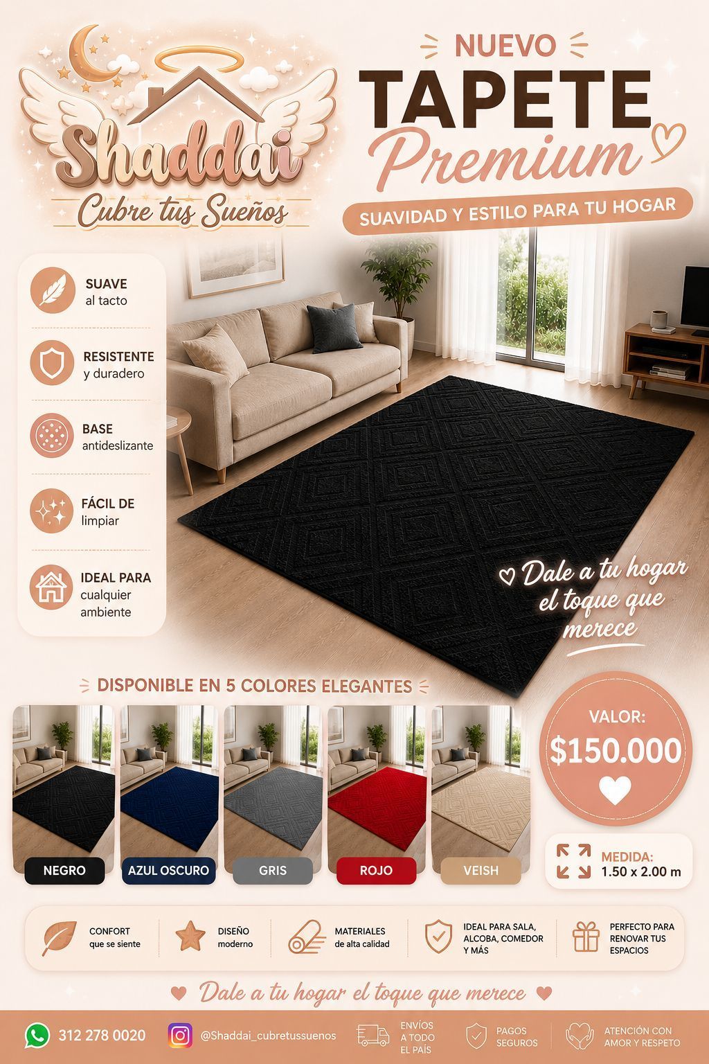 Tapete premium negro en sala elegante con muestras de colores y precio promocional.
