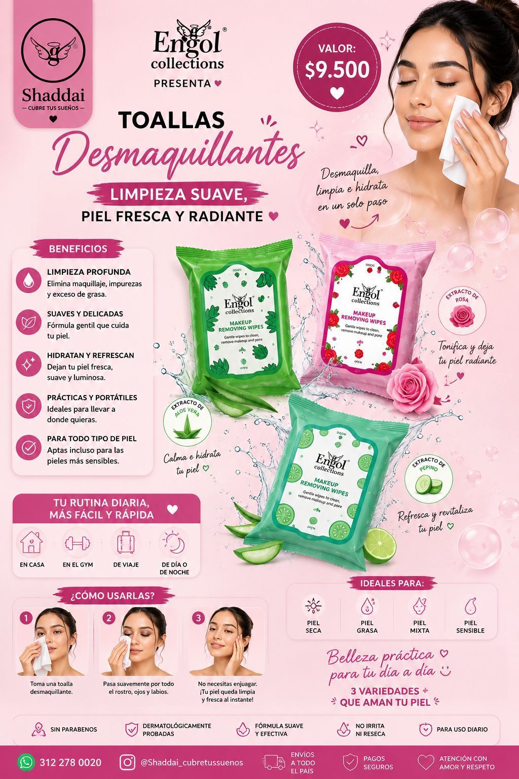 Anuncio rosa de Toallitas Desmaquillantes con toallitas limpiadoras y una mujer limpiándose la cara.