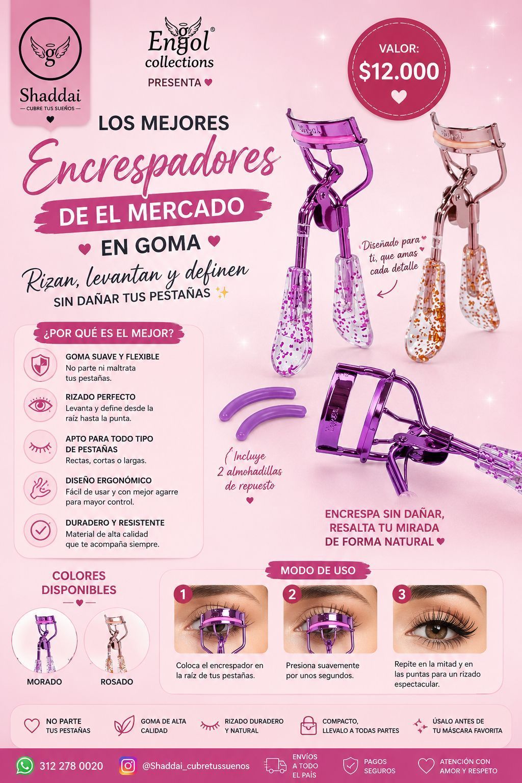 Cartel rosa de encrespadores de pestañas con logos, precios y modelos de uso.