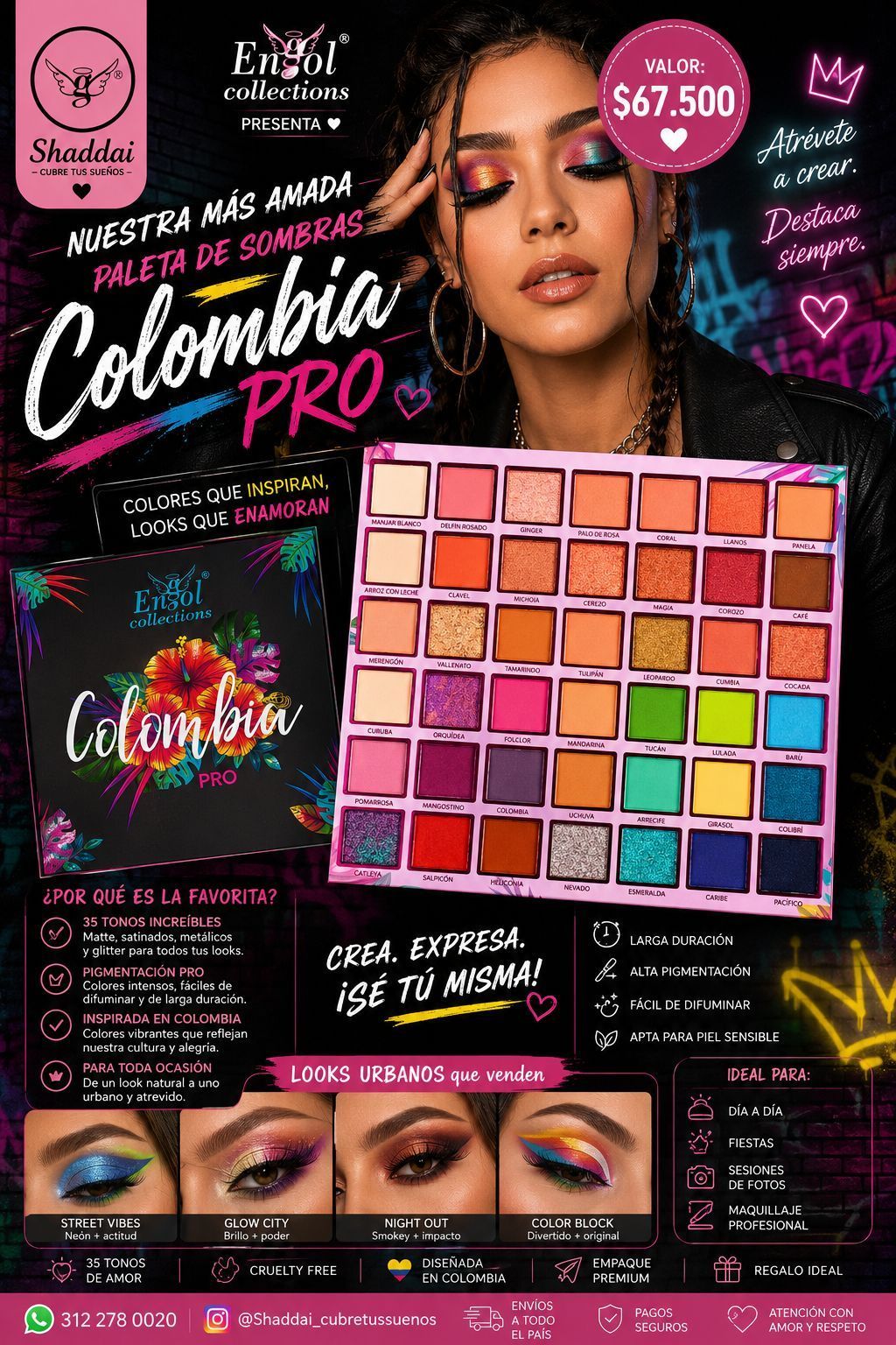 Anuncio promocional de maquillaje para “Colombia Pro” con paleta de sombras de ojos colorida