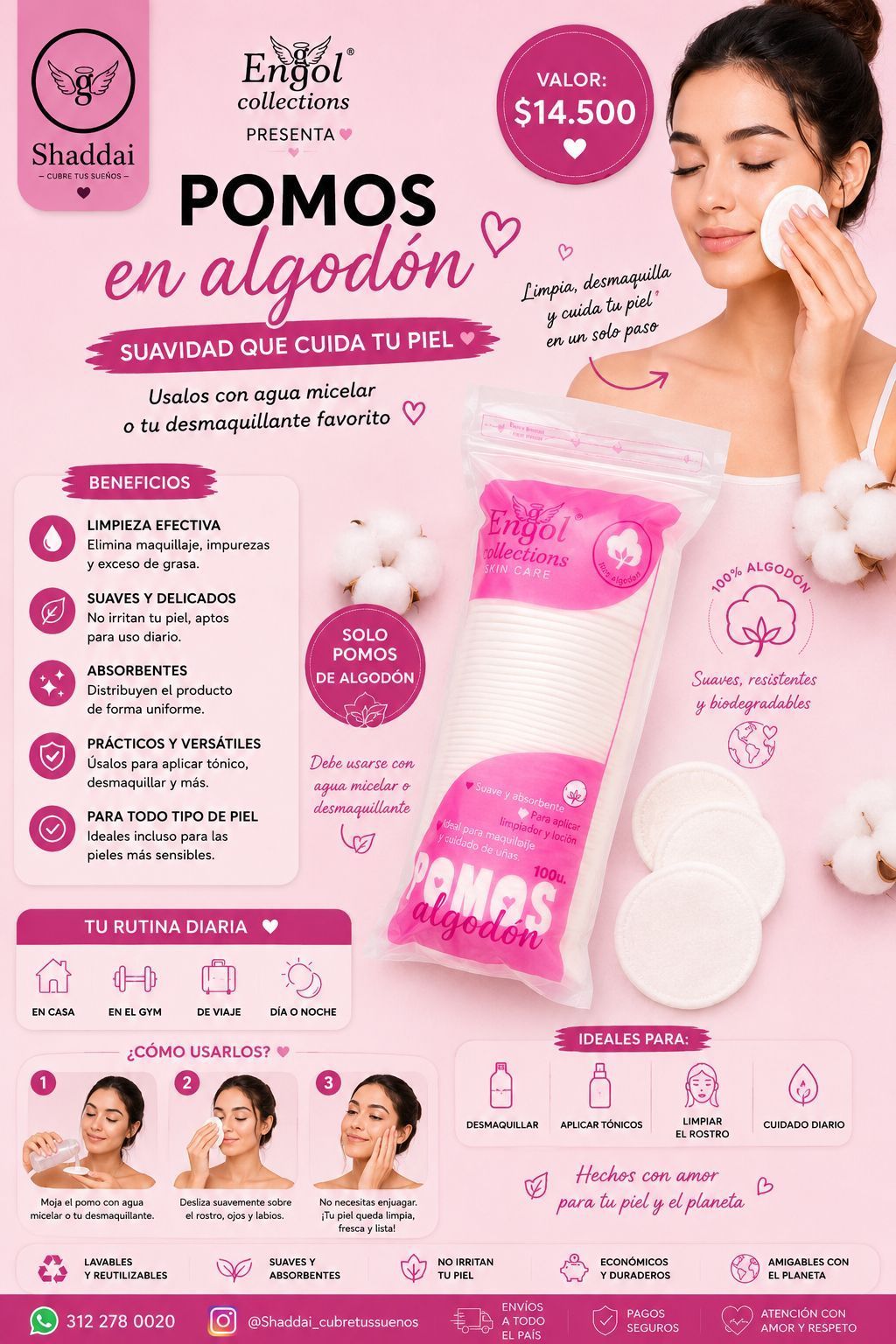 Anuncio rosa de POMOS sobre cuidado de la piel con una mujer aplicándose crema y tubos de producto sobre un fondo pastel.