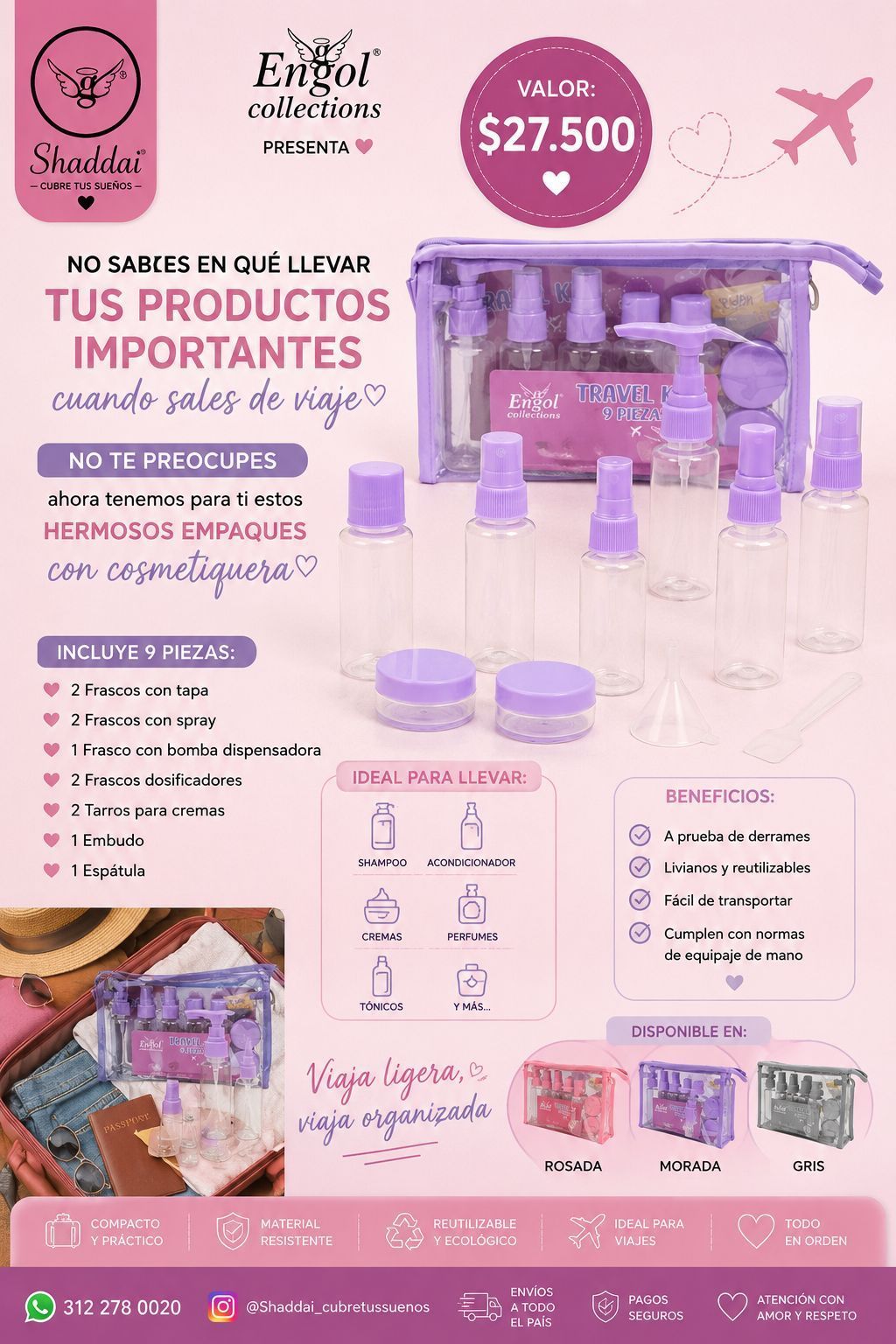Anuncio de un set de maquillaje rosa con botellas, brochas, paletas y estuche de viaje sobre un fondo pastel.