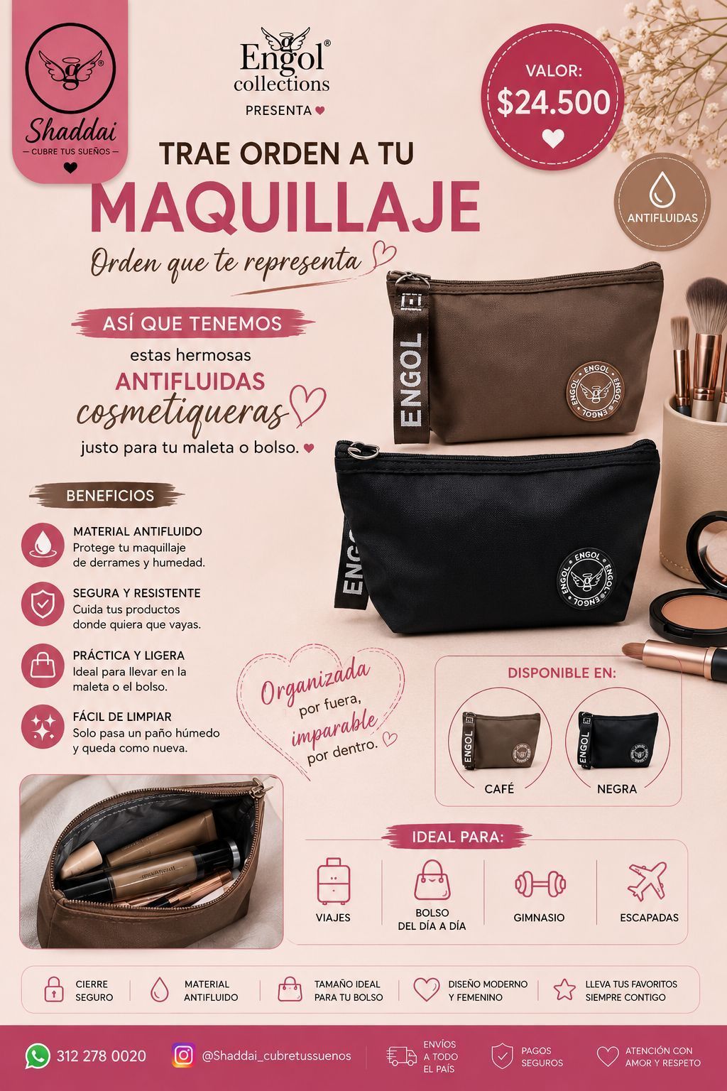 Folleto promocional de un neceser de maquillaje marrón y negro con brochas, precios y detalles del producto en español.