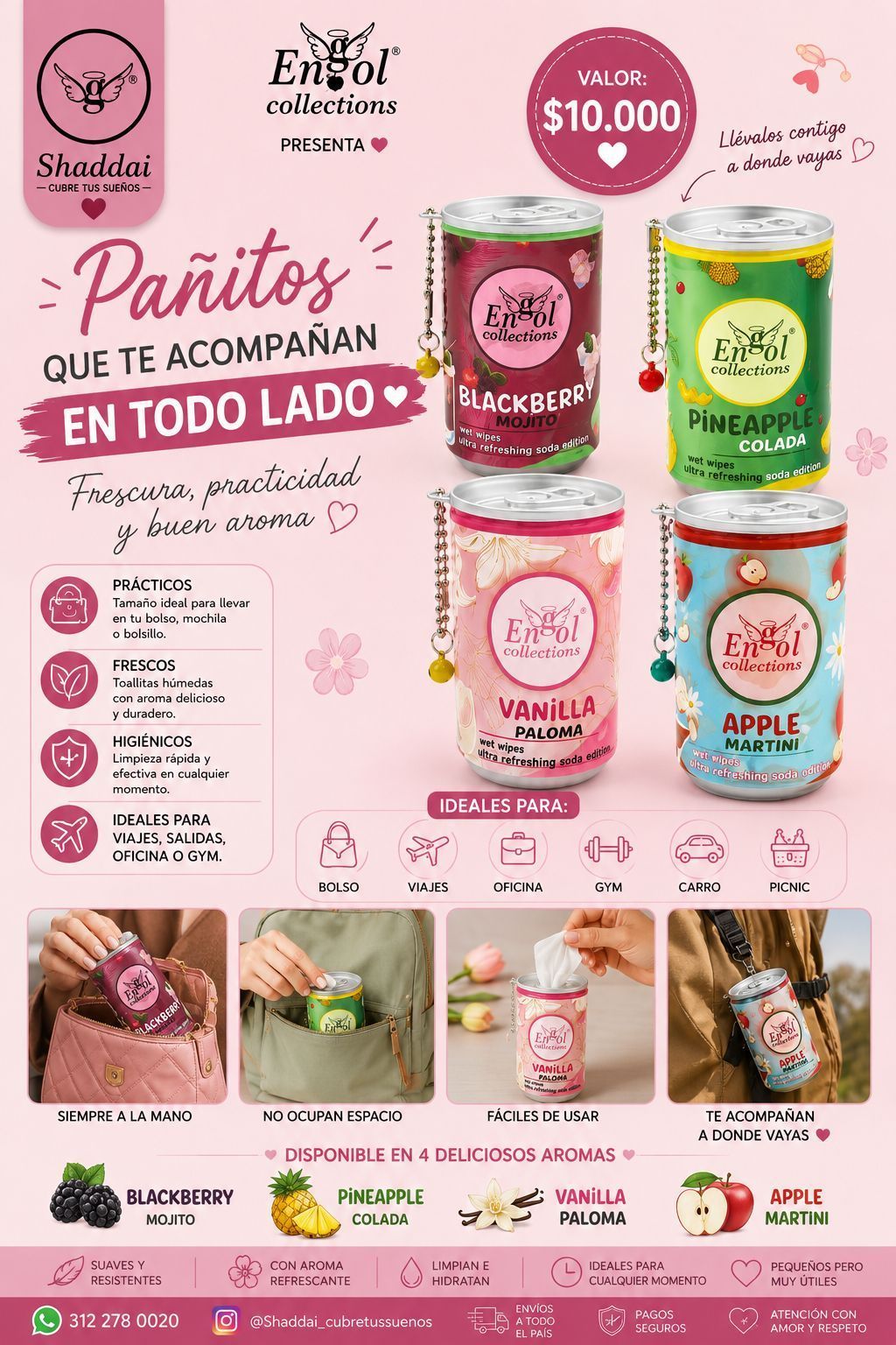 Cartel promocional español de parfaits de fresa, con coloridos vasos de postre y envase rosa sobre un fondo rosa pastel.
