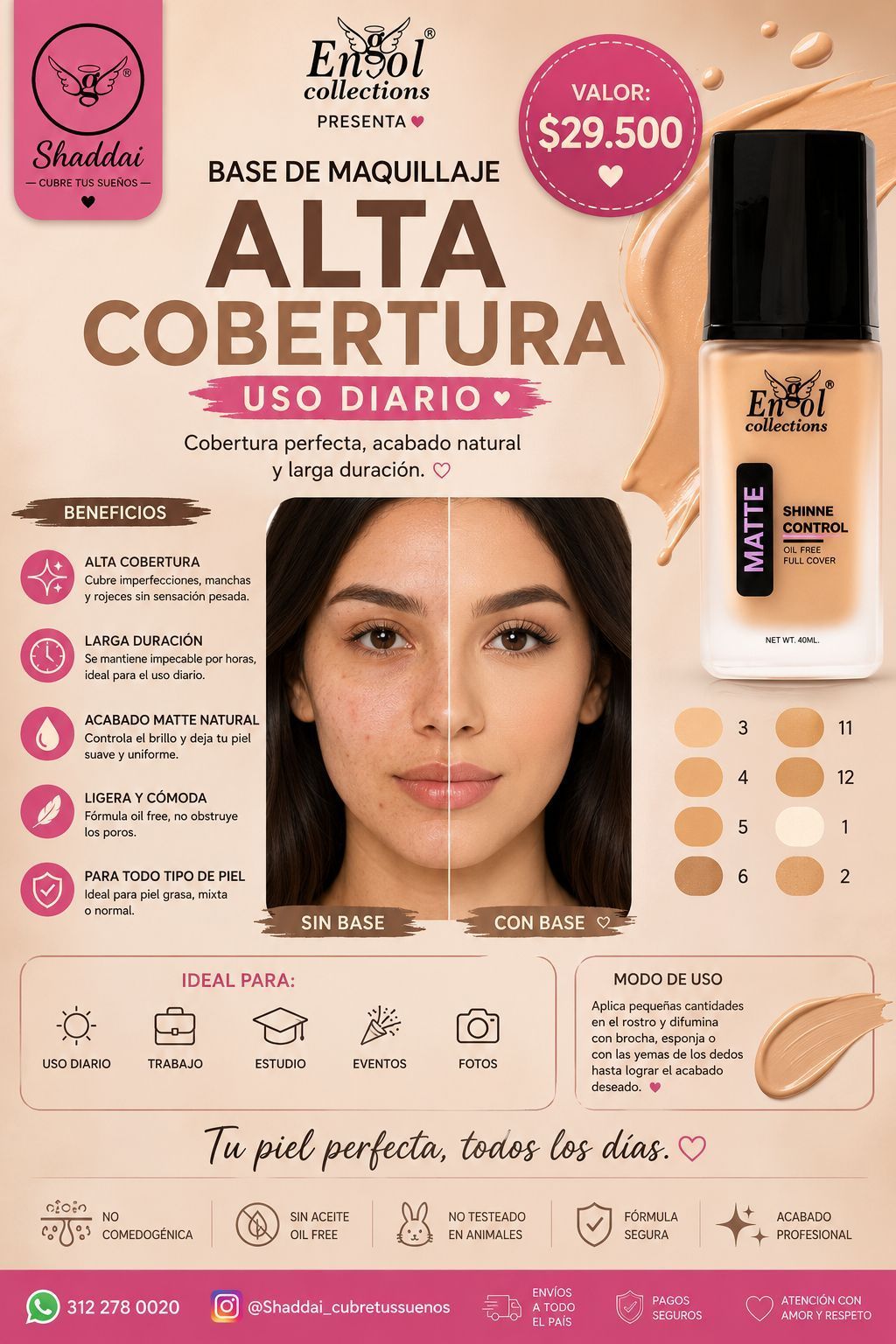 Póster promocional de Alta Cobertura base líquida, diseño en tonos rosas con botella del producto, muestras faciales .