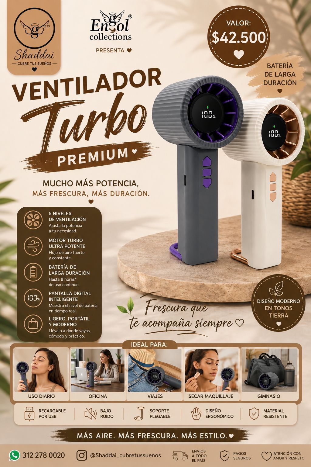 Póster promocional del “Ventilador Turbo Premium”, que muestra ventiladores de torre en blanco .